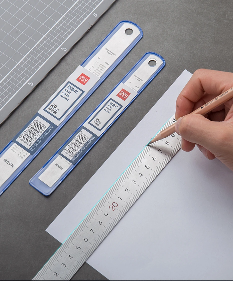Deli Stainless Steel Metal Ruler 15/20/30cm Straight Line Rulers for School Kids Precision Measuring Drawing Reglas Tool Supplie