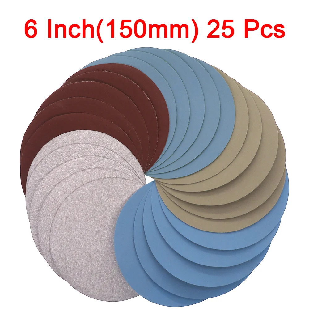 25 PCS 6 Inch 150MM Flocking Sandpaper Wet Dry Hook and Loop Sanding Disc 1000 /2000 /3000/4000 5000 Grits for Sanding Polishing