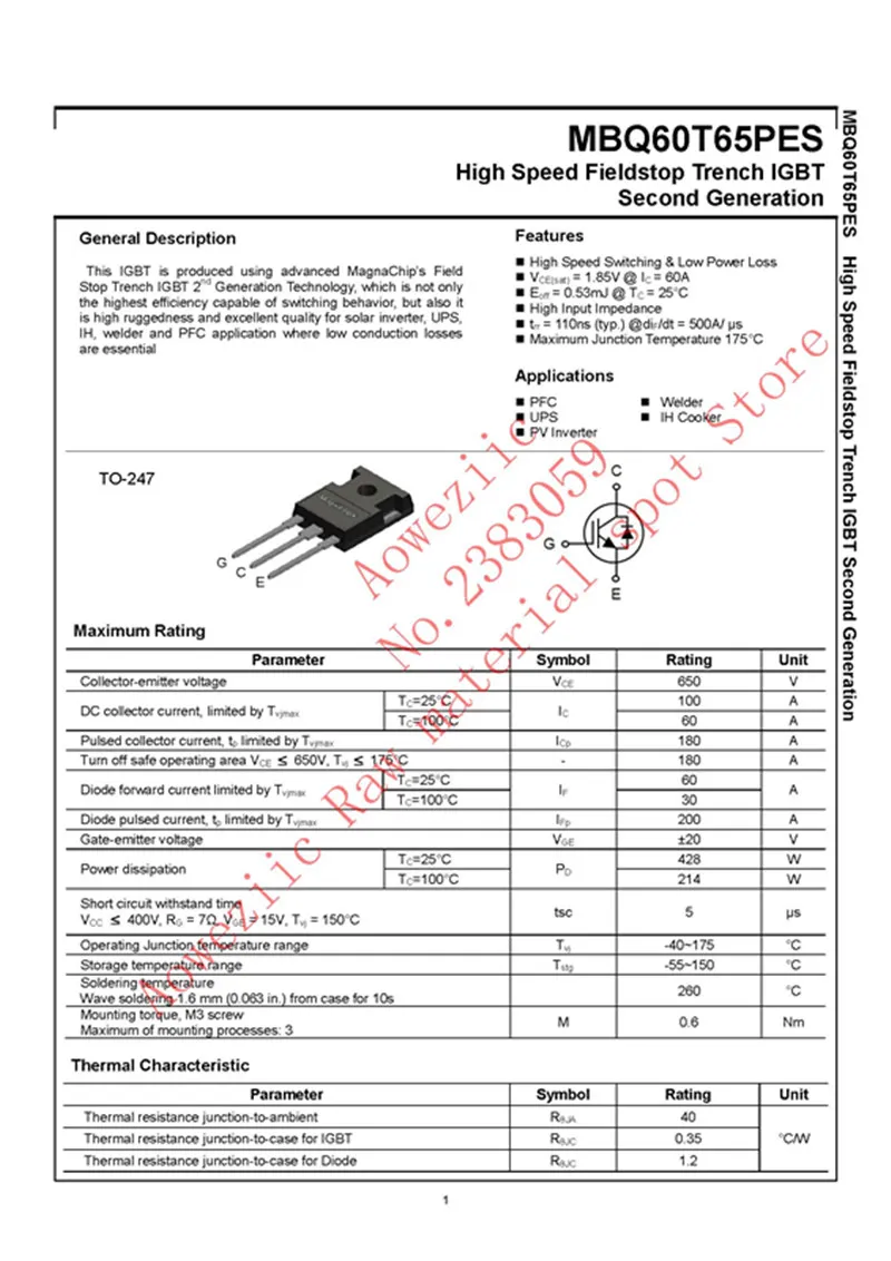 Aoweziic 2024+ 100% New Imported Original MBQ60T65PESTH MBQ60T65PES MBQ60T65 60T65PES 60T65 TO-247 IGBT Single Pipe 60A 650V