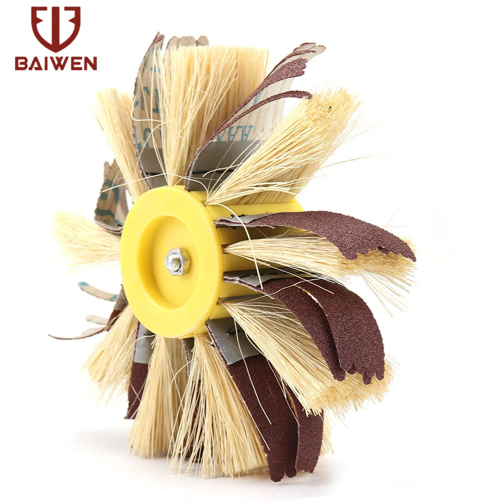150mm X 6mm Shaft Mounted Sisal & Emery Cloth Bristle Polishing Brush Wheel for Wood Primer Sanding 80/120/180/240/320/400 Grit