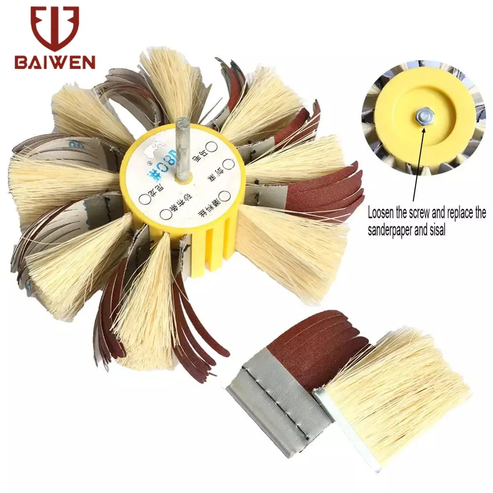 150mm X 6mm Shaft Mounted Sisal & Emery Cloth Bristle Polishing Brush Wheel for Wood Primer Sanding 80/120/180/240/320/400 Grit