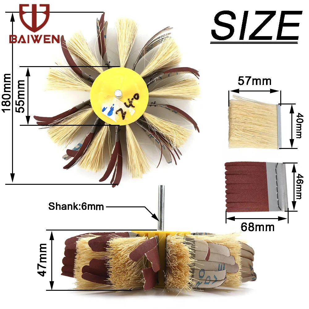150mm X 6mm Shaft Mounted Sisal & Emery Cloth Bristle Polishing Brush Wheel for Wood Primer Sanding 80/120/180/240/320/400 Grit