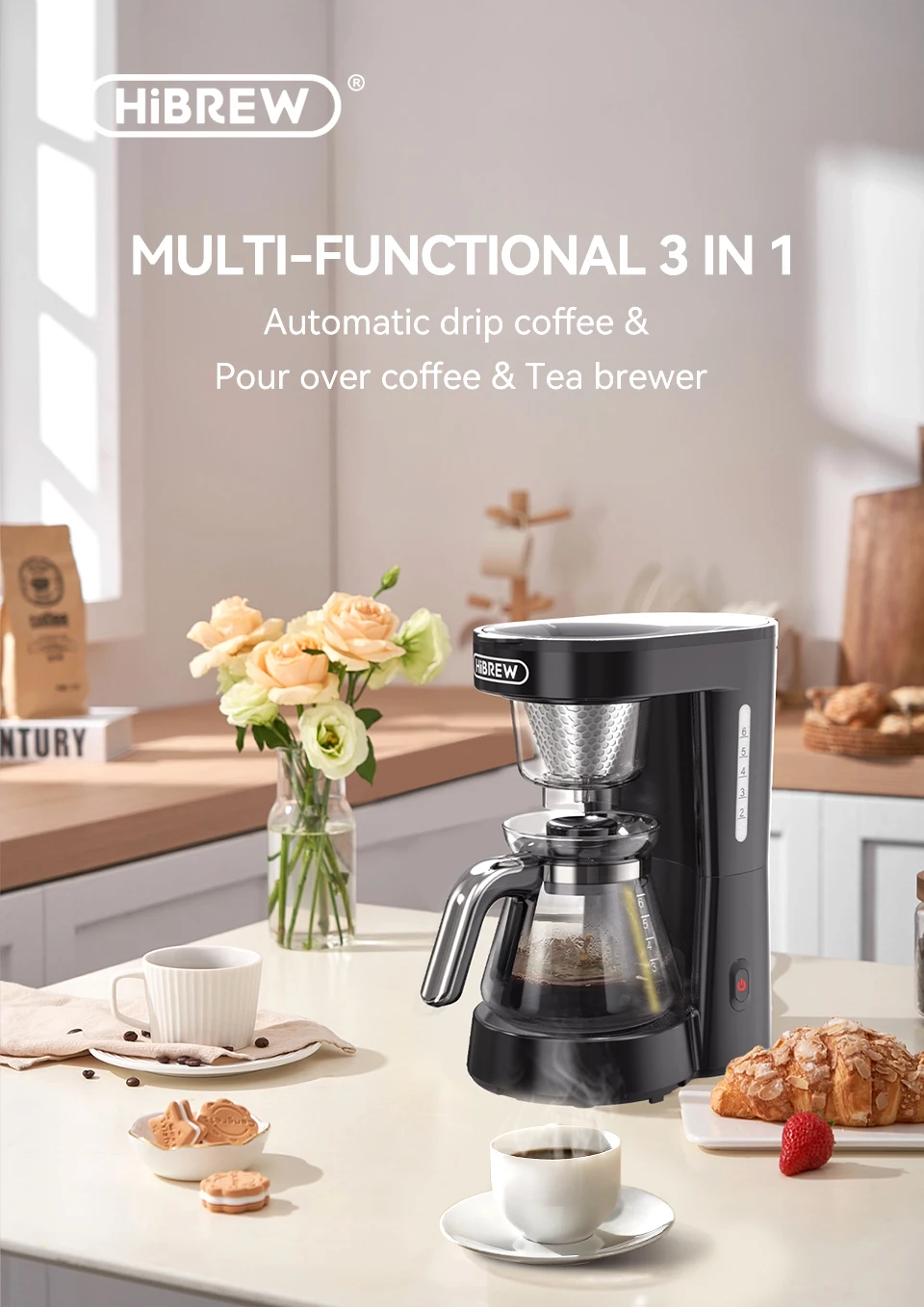 HiBREW 3 in 1 America Drip Coffee Machine Pour Over Coffee Maker Glass Teapot Hot Tea Maker 750ML H12