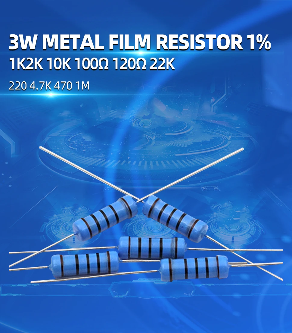 20pcs 3W Metal Film Resistor 1% 1Ω - 1MΩ 10 47 100 120 150 220 300 330 470 910 1K 2.2K 4.7K 10K 15K 20K 47K 100K 220K 470K ohm