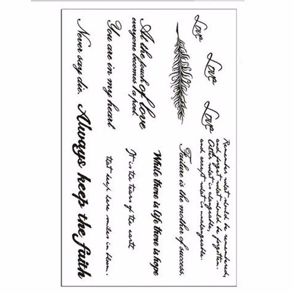 Tattoo Stickers English Word Waterproof Long Lasting Realistic Transfer Temporary Black Letters Feather Body Art For Men Women