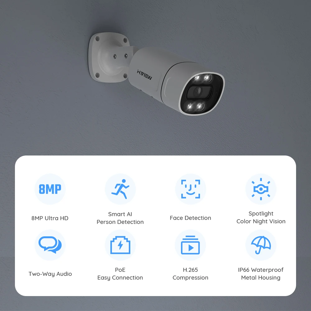 H.View 5Mp 8Mp 4K Ip Camera Poe Ai Face Detection CCTV Security Cameras H.265 Outdoor Audio Video Surveillance Onvif Xmeye