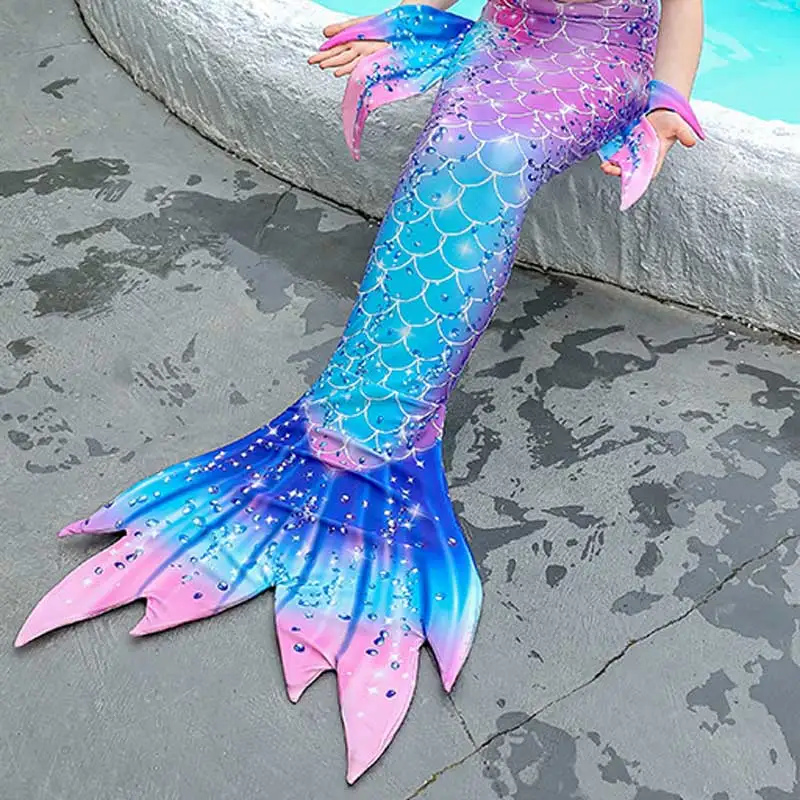 Swimming Mermaid Tail For Girls Kids Beach Dress Pool Swimming Suit With Monofin Hand Fin Mermaid Cosplay Anime Costume