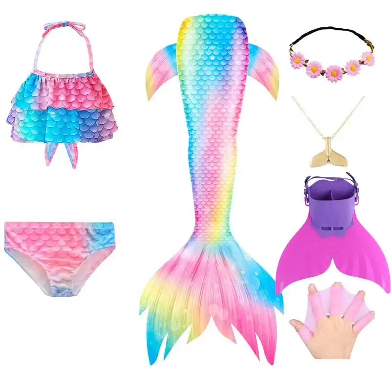 Swimming Mermaid Tail For Girls Kids Beach Dress Pool Swimming Suit With Monofin Hand Fin Mermaid Cosplay Anime Costume