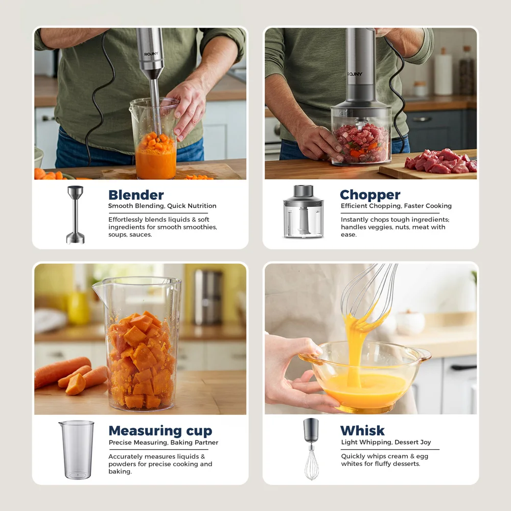 ROUNY 4-in-1 Hand Immersion Blender 1000W Powerful, Stainless Steel Stick Food Mixer,700ml Mixing Beaker,500ml Processor, Whisk