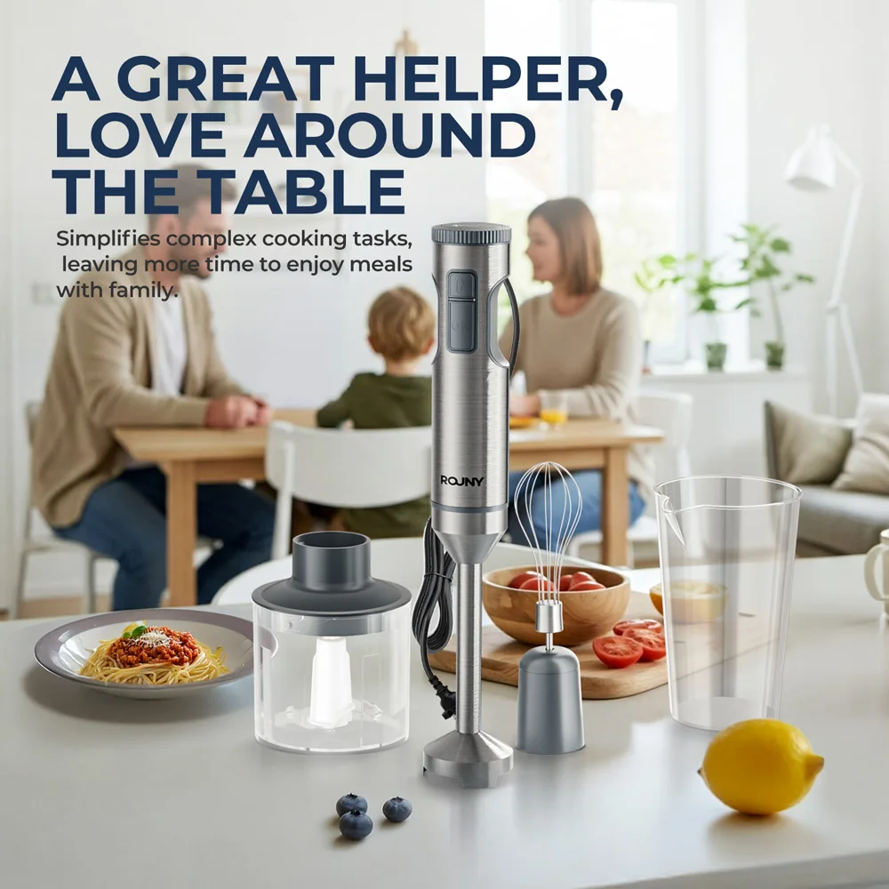ROUNY 4-in-1 Hand Immersion Blender 1000W Powerful, Stainless Steel Stick Food Mixer,700ml Mixing Beaker,500ml Processor, Whisk