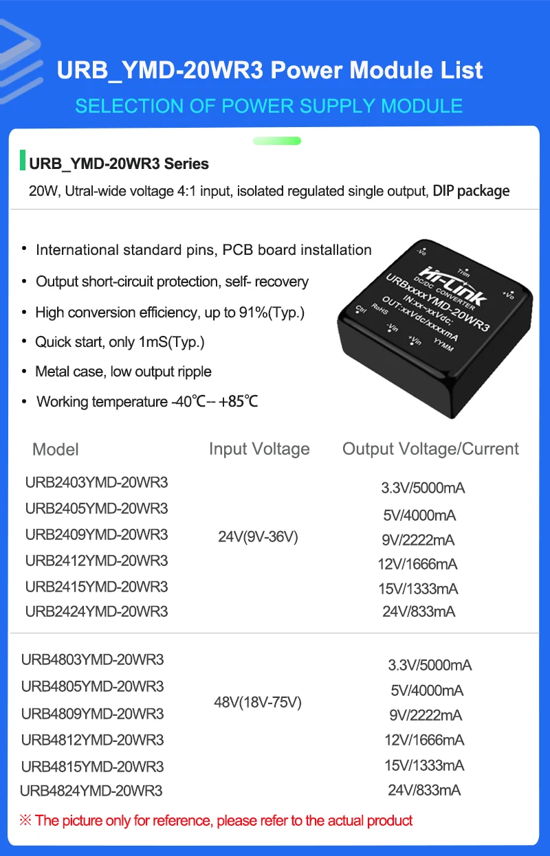DC-DC 20W/10W/5W Isolated Regulated Power Supply Module 48V/24V/12V to 3.3V/5V/9V/12V/15V/24V URB4812YMD VRB1205YMD URB2412YMD