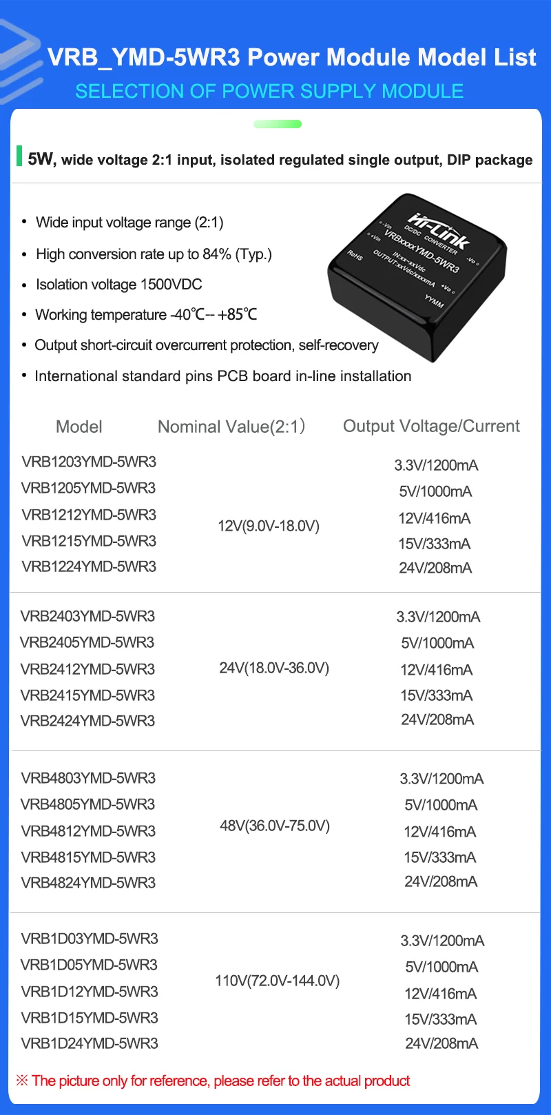 DC-DC 20W/10W/5W Isolated Regulated Power Supply Module 48V/24V/12V to 3.3V/5V/9V/12V/15V/24V URB4812YMD VRB1205YMD URB2412YMD
