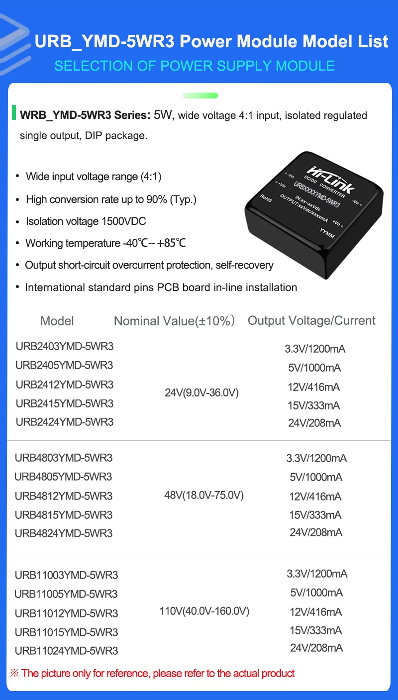 DC-DC 20W/10W/5W Isolated Regulated Power Supply Module 48V/24V/12V to 3.3V/5V/9V/12V/15V/24V URB4812YMD VRB1205YMD URB2412YMD