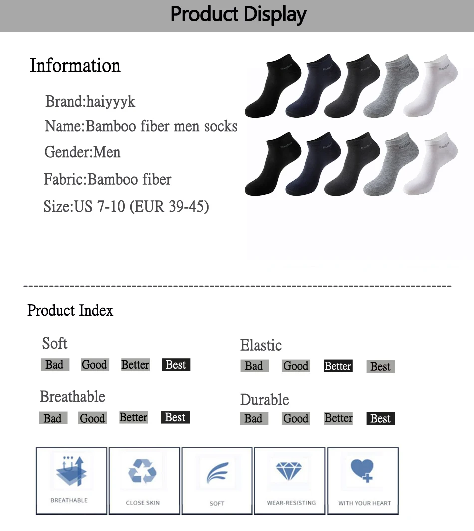 10 Pairs / Pack Men's Bamboo Fiber Socks Short High Quality New Casual Breatheable Anti-Bacterial Man Ankle Socks Men