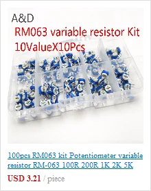 50pcs/lot 3296W Series 500R 1K 2K 5K 10K 20K 50K 100K 200K 1M Multi-turn Potentiometer 10K Variable Resistors with Box Set