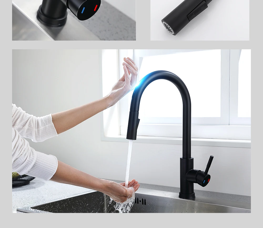 DQOK Kitchen Faucet Pull Out Brushed Nickle Sensor Stainless Steel Black Smart Induction Mixed Tap Touch Control Sink Tap