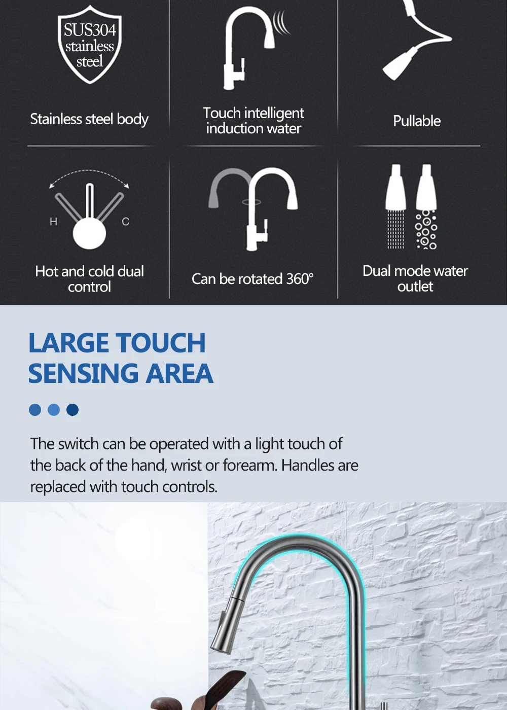 DQOK Kitchen Faucet Pull Out Brushed Nickle Sensor Stainless Steel Black Smart Induction Mixed Tap Touch Control Sink Tap