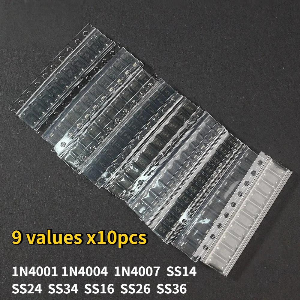Takefast 90pcs SMD Diode Kit 1N4007 1N4001 1N4004 SS14 SS16 SS24 SS26 SS34 SS36 9 Values X10pcs Rectifier Diodes Schottky