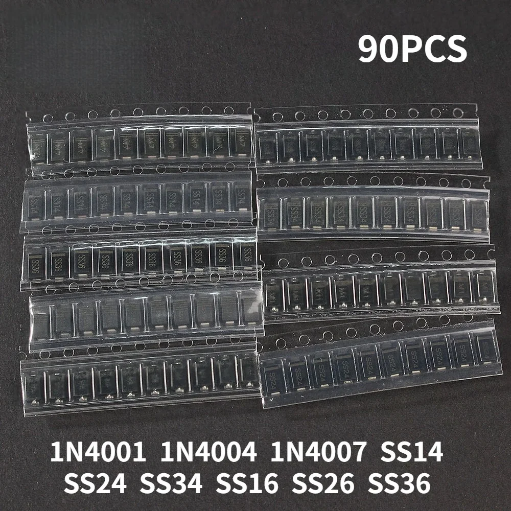 Takefast 90pcs SMD Diode Kit 1N4007 1N4001 1N4004 SS14 SS16 SS24 SS26 SS34 SS36 9 Values X10pcs Rectifier Diodes Schottky
