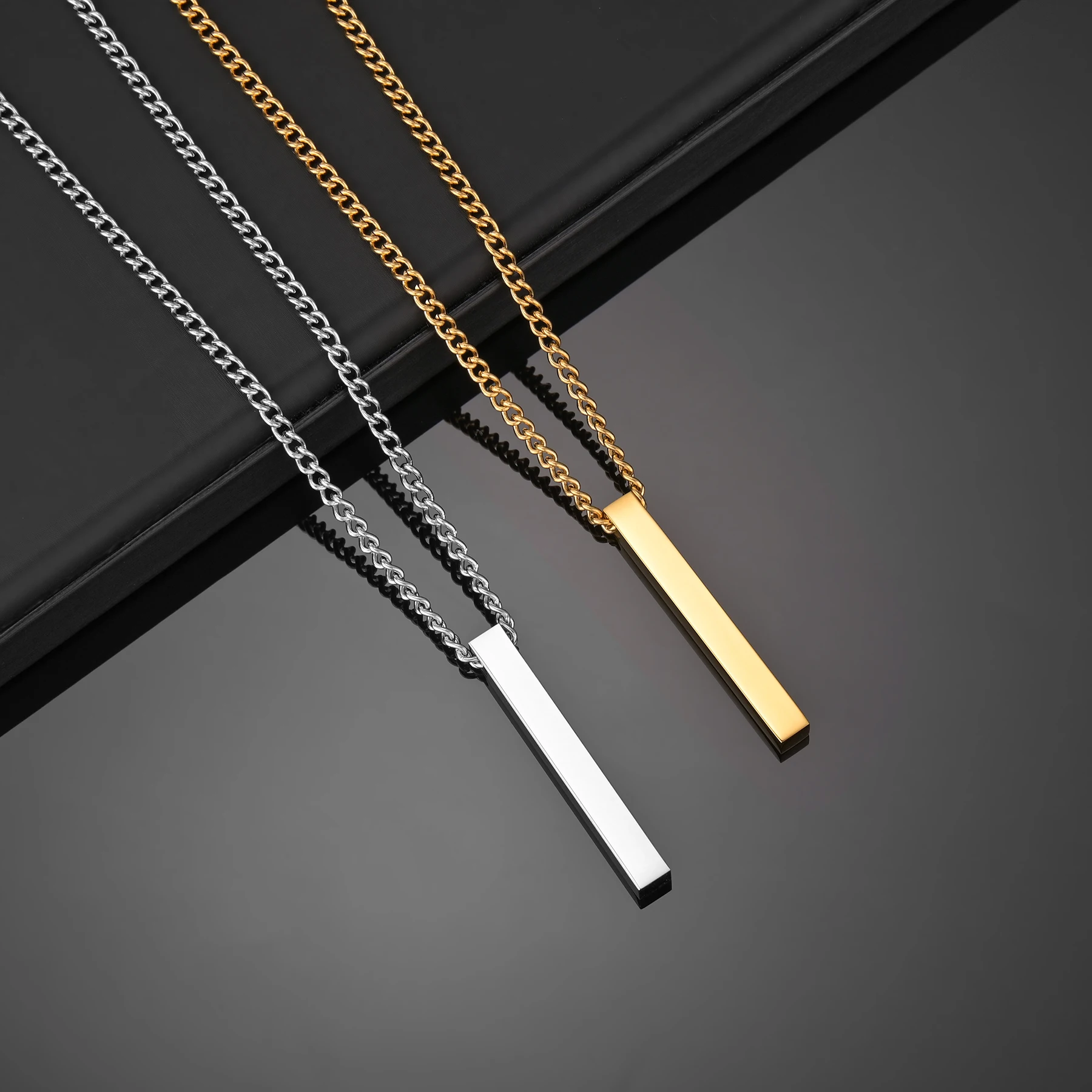 Personalized 4 Sides Engraving Square Bar Pendant Custom Name Date Stainless Steel Necklace Women Men Jewelry Gifts Wholesale