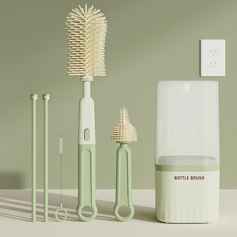 Baby Silicone Bottle Brush Portable Straight Handle Cleaning Tool Set 360° Rotating Drying Rack Combination Bottle Washing Brush