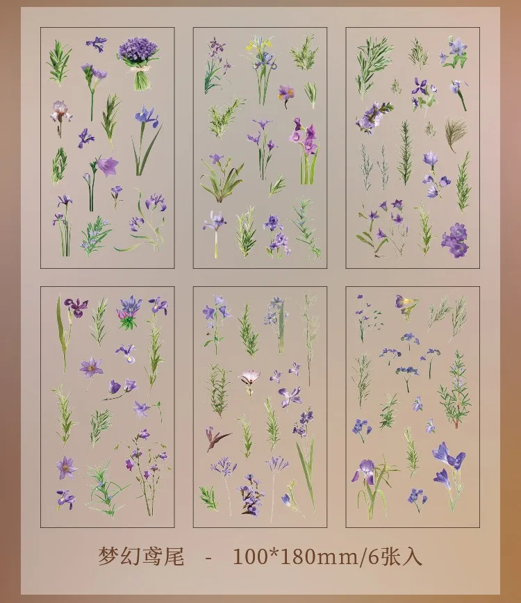 JIANQI 6pcs/pack Transparent PET Stickers Scrapbooking Materials DIY Junk Journal Collage Floral Leaves Plants Decor Stickers