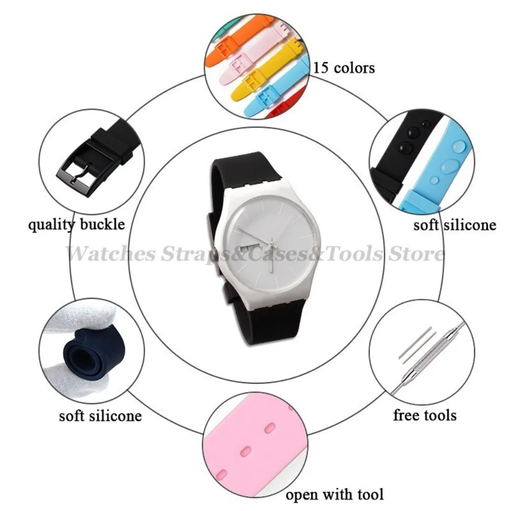 16mm 17mm 19mm 20mm Soft Silicone Bracelet for Swatch Colorful Watchband Watch Strap Replacement Watches Accessories With Tools
