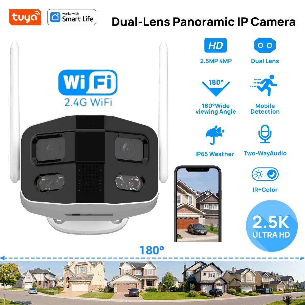 Tuya Smart 4MP 2.5K Dual-Lens Large Wide 180° Security Camera, Outdoor Camera, With Color Night Vision/Siren/2-Way Talk IP Camer