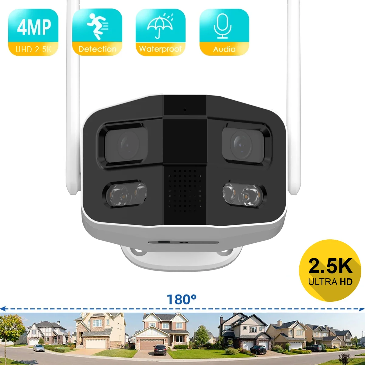 Tuya Smart 4MP 2.5K Dual-Lens Large Wide 180° Security Camera, Outdoor Camera, With Color Night Vision/Siren/2-Way Talk IP Camer