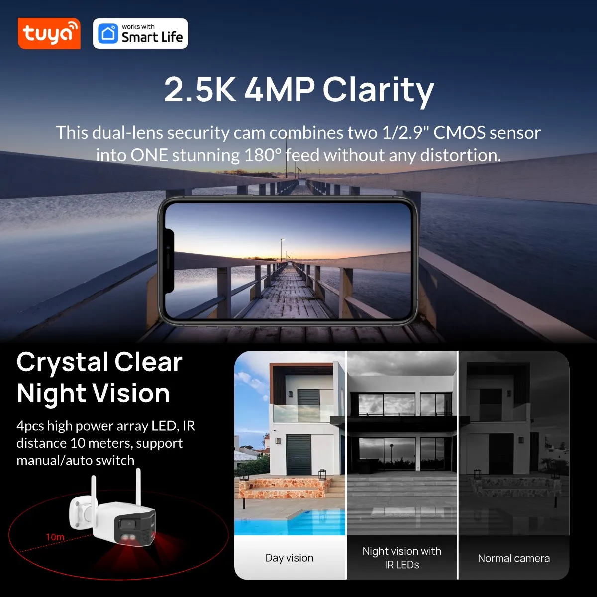 Tuya Smart 4MP 2.5K Dual-Lens Large Wide 180° Security Camera, Outdoor Camera, With Color Night Vision/Siren/2-Way Talk IP Camer