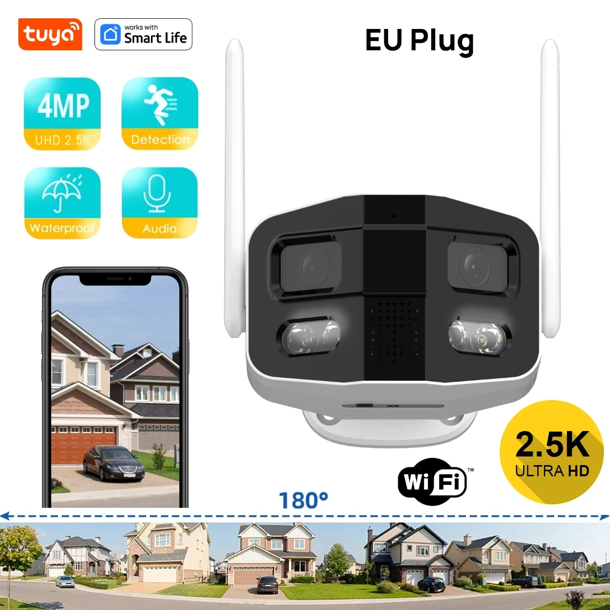 Tuya Smart 4MP 2.5K Dual-Lens Large Wide 180° Security Camera, Outdoor Camera, With Color Night Vision/Siren/2-Way Talk IP Camer