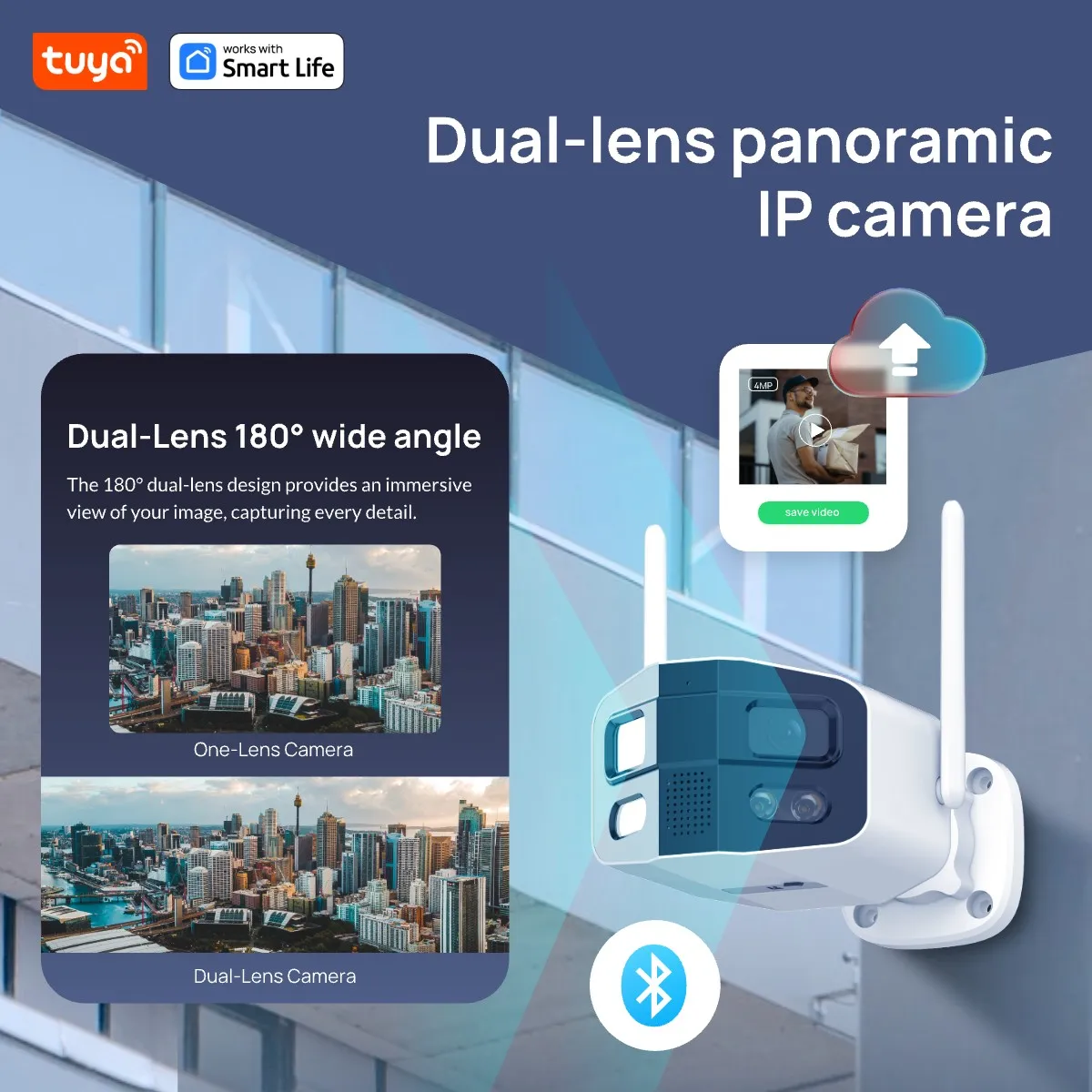Tuya Smart 4MP 2.5K Dual-Lens Large Wide 180° Security Camera, Outdoor Camera, With Color Night Vision/Siren/2-Way Talk IP Camer