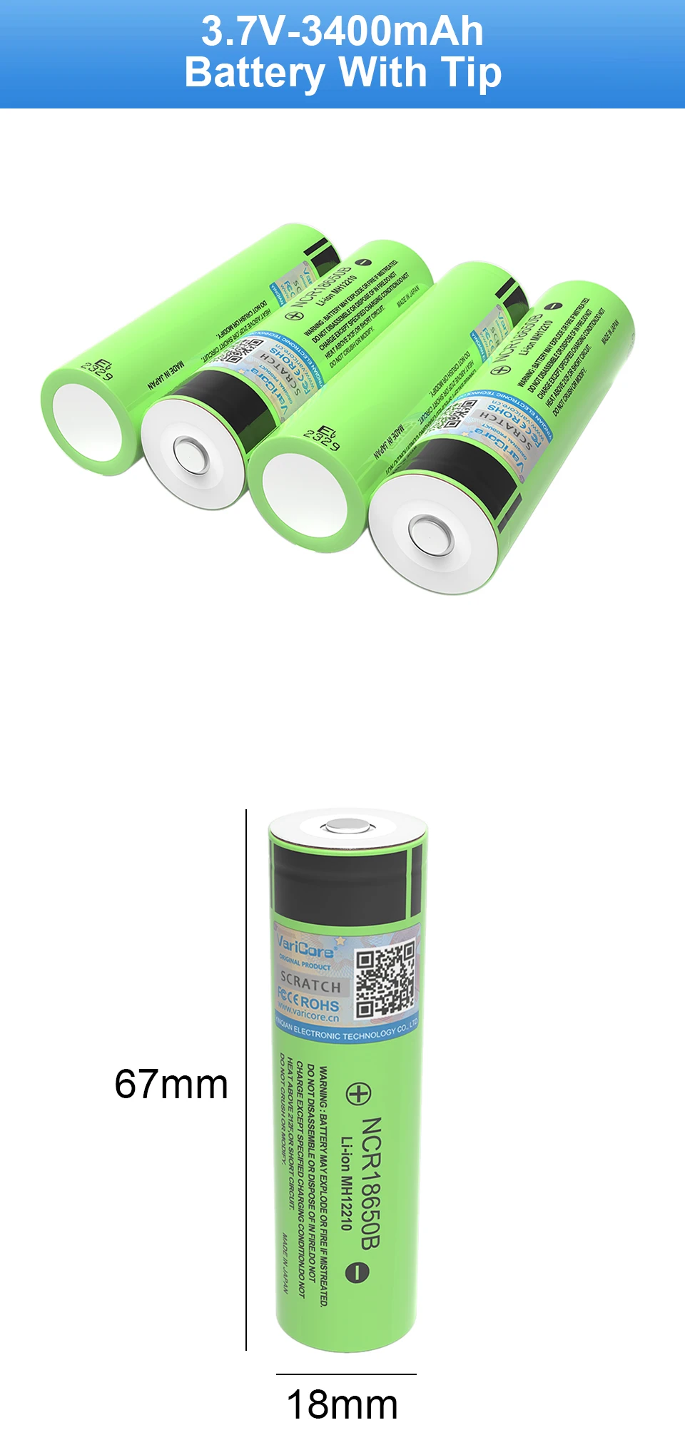 VariCore New NCR18650B 3.7V 3400 mAh 18650 Lithium Rechargeable Battery with Pointed (No PCB) Batteries