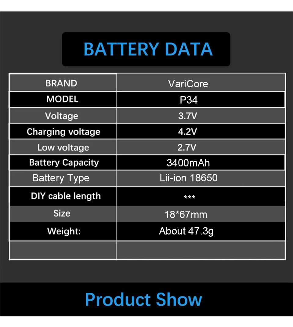 VariCore New NCR18650B 3.7V 3400 mAh 18650 Lithium Rechargeable Battery with Pointed (No PCB) Batteries
