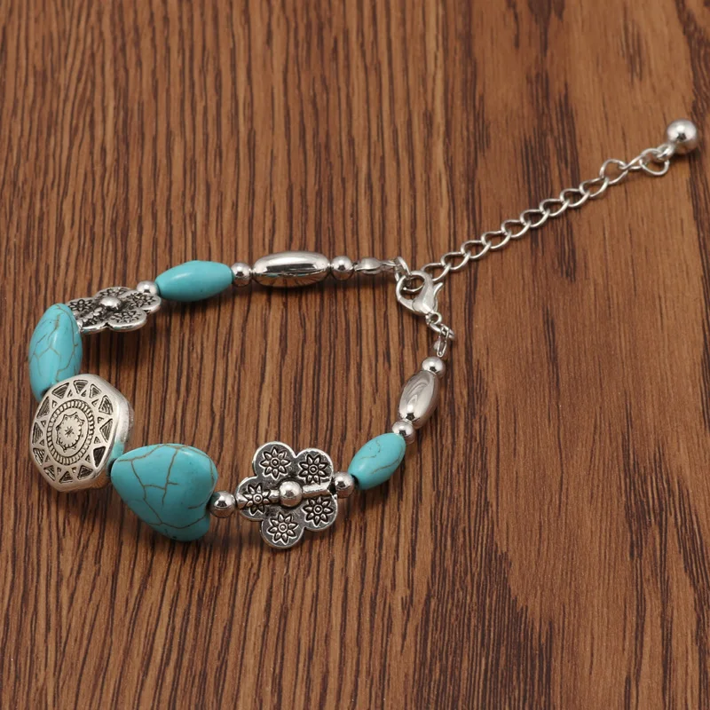 Tenande Enthic Tibet Silver Color Natural Stone Hearts Beads Bracelets Sun Coin Flowers Bracelets & Bangles for Women Boho