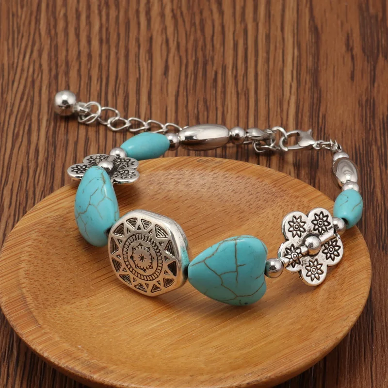Tenande Enthic Tibet Silver Color Natural Stone Hearts Beads Bracelets Sun Coin Flowers Bracelets & Bangles for Women Boho