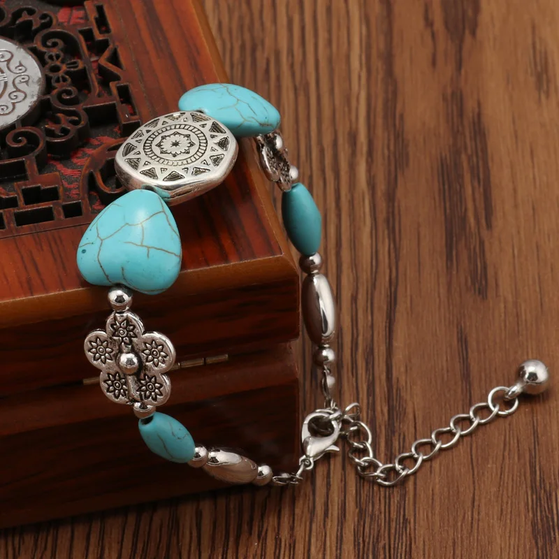 Tenande Enthic Tibet Silver Color Natural Stone Hearts Beads Bracelets Sun Coin Flowers Bracelets & Bangles for Women Boho