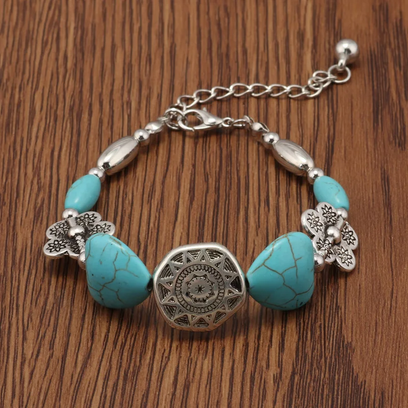 Tenande Enthic Tibet Silver Color Natural Stone Hearts Beads Bracelets Sun Coin Flowers Bracelets & Bangles for Women Boho