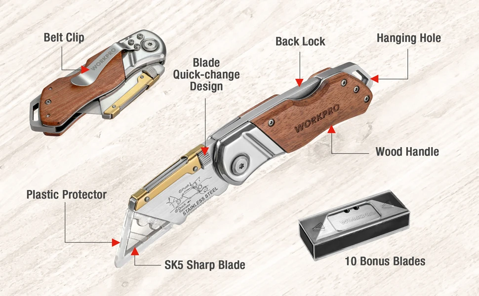 WORKPRO Folding Knife Pipe Cutter Pocket Knife Wood Handle Knife with 10/20PCS Blades