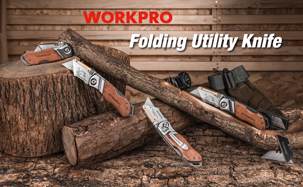 WORKPRO Folding Knife Pipe Cutter Pocket Knife Wood Handle Knife with 10/20PCS Blades