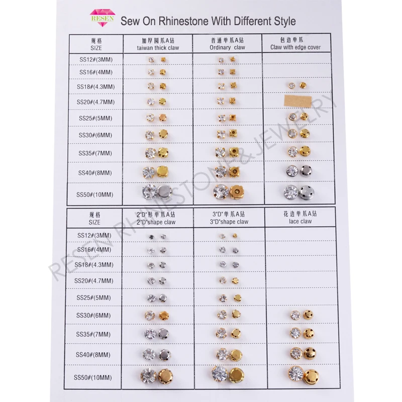 Sell At Loss RESEN Top Quality 3-10mm Sliver Claw Sew On Rhinestones Clear Crystal Color Sliver Base Sewing Stone DIY Decoration