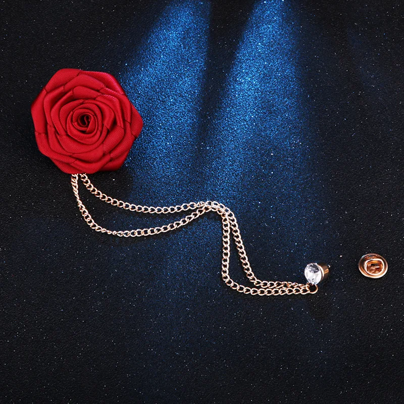 Korean Bridegroom Wedding Brooches Cloth Art Hand-made Rose Flower Brooch Lapel Pin Badge Tassel Chain Men's Suit Accessories