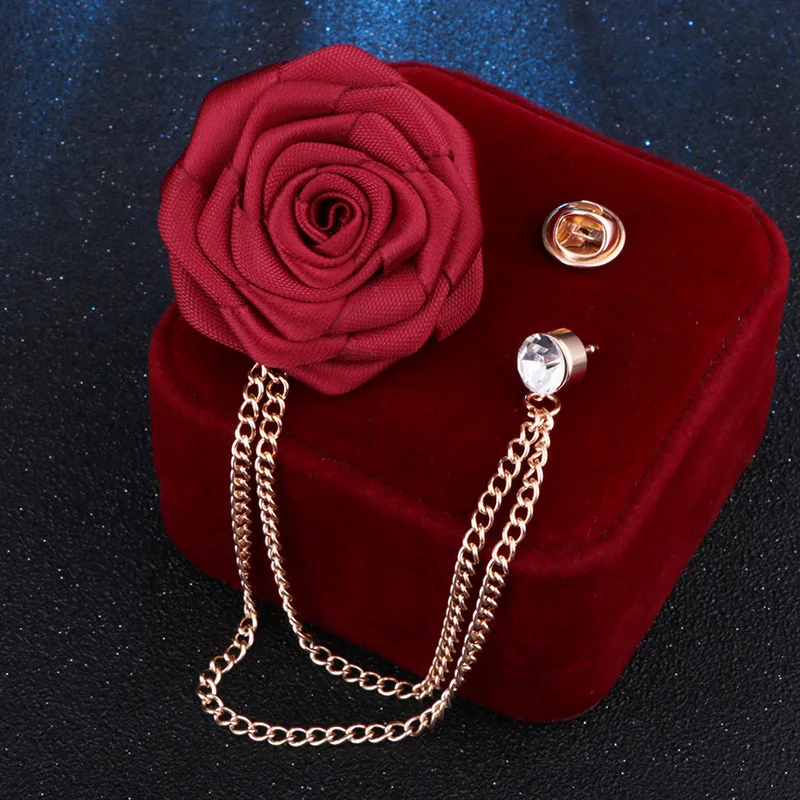 Korean Bridegroom Wedding Brooches Cloth Art Hand-made Rose Flower Brooch Lapel Pin Badge Tassel Chain Men's Suit Accessories