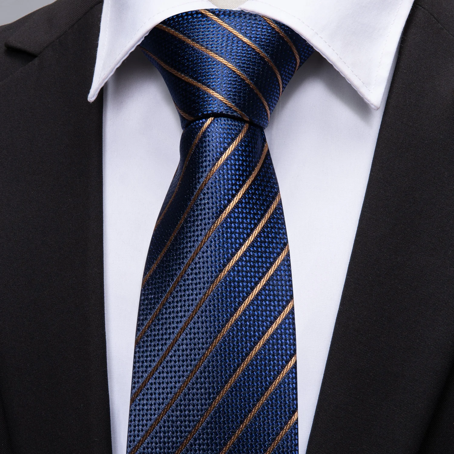Men Tie Gold Navy Blue Striped Tie 3.4" Jacquard Party Wedding Woven Fashion Designers Necktie For Men silk Business