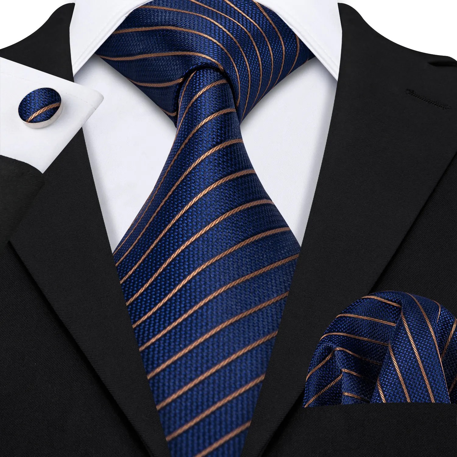 Men Tie Gold Navy Blue Striped Tie 3.4" Jacquard Party Wedding Woven Fashion Designers Necktie For Men silk Business
