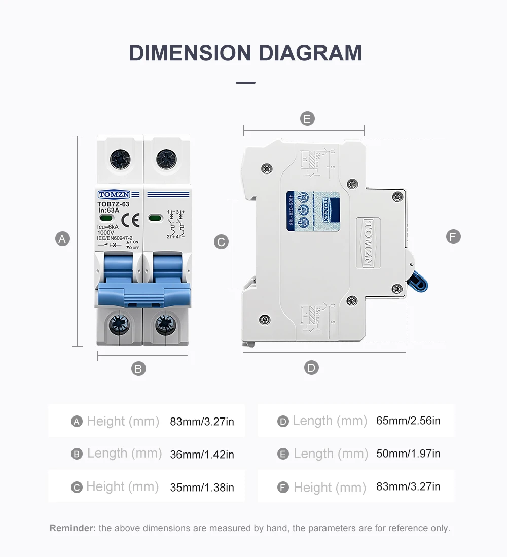TOMZN 2P DC 1000V Solar Mini Circuit Breaker 3A 6A 10A 16A 20A 25A 32A 40A 50A 63A DC MCB for PV System