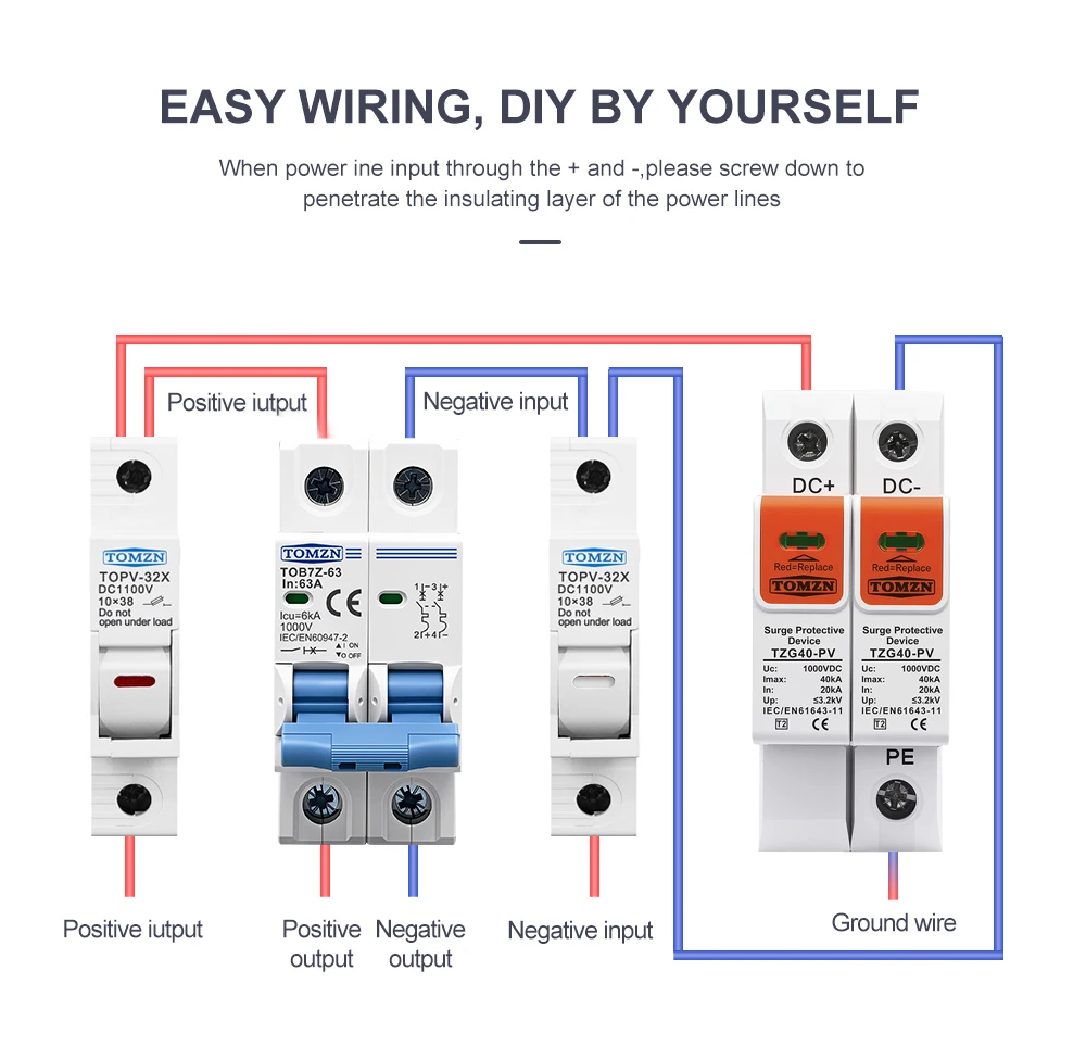 TOMZN 2P DC 1000V Solar Mini Circuit Breaker 3A 6A 10A 16A 20A 25A 32A 40A 50A 63A DC MCB for PV System