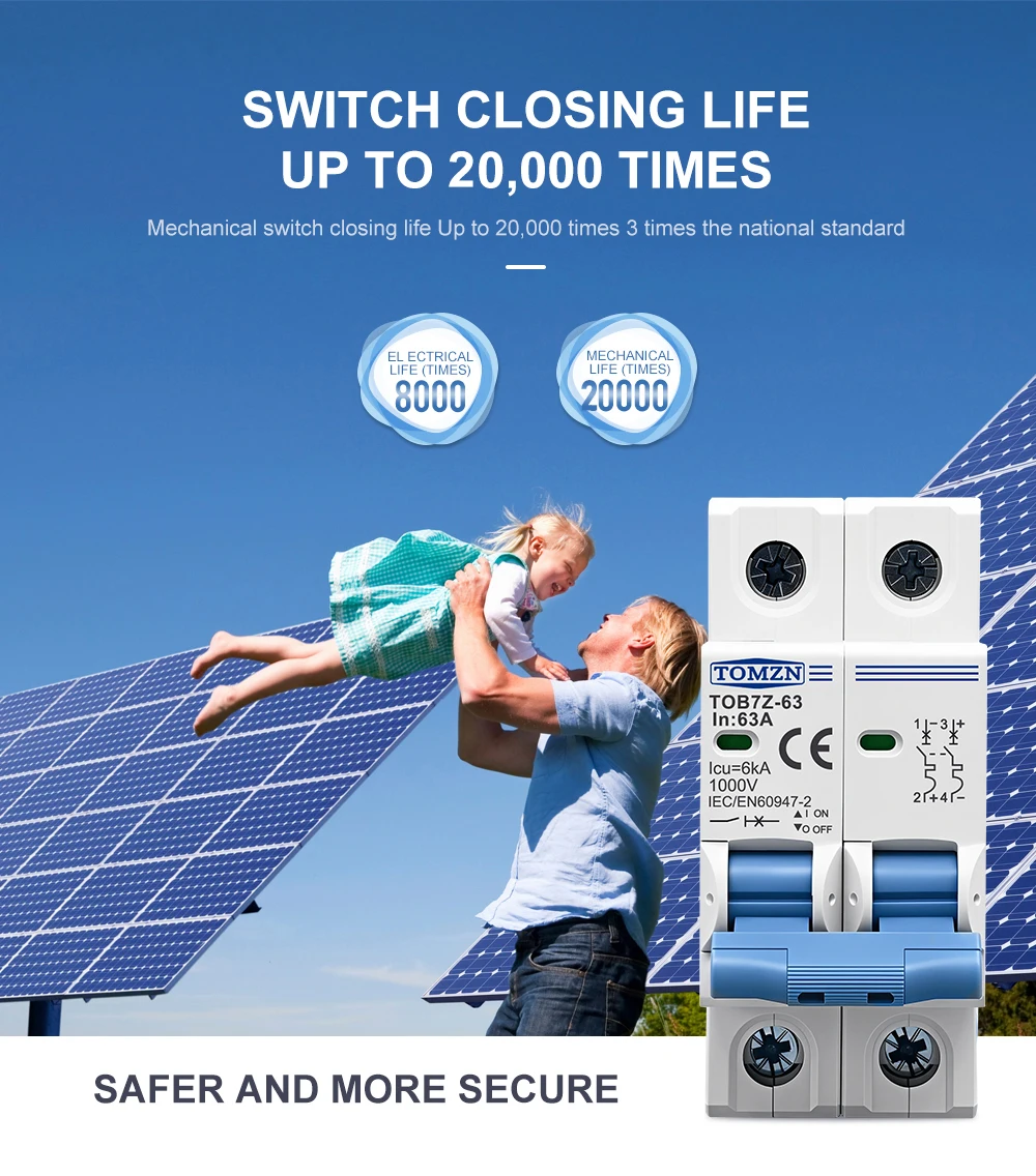 TOMZN 2P DC 1000V Solar Mini Circuit Breaker 3A 6A 10A 16A 20A 25A 32A 40A 50A 63A DC MCB for PV System