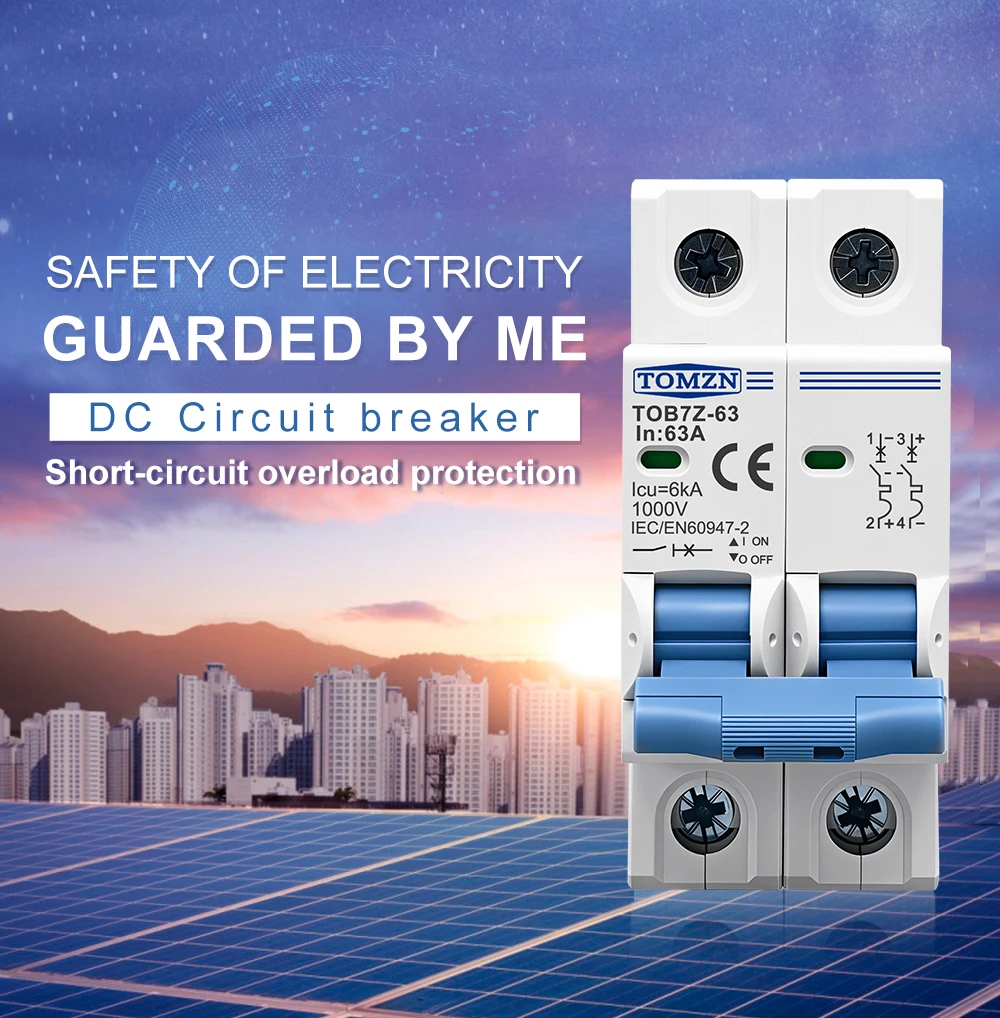 TOMZN 2P DC 1000V Solar Mini Circuit Breaker 3A 6A 10A 16A 20A 25A 32A 40A 50A 63A DC MCB for PV System