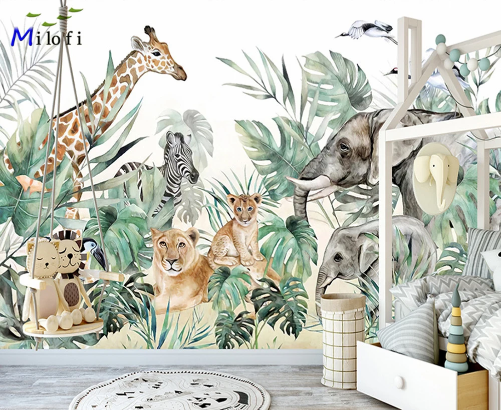 Milofi custom 3D large wallpaper mural hand-painted Nordic forest small animal kindergarten jungle sticker background wall